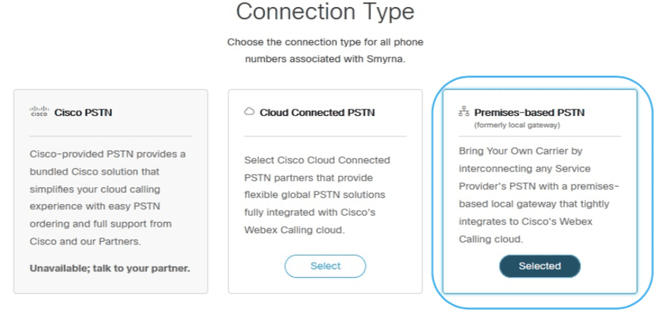 PSTN set connection type screenshot