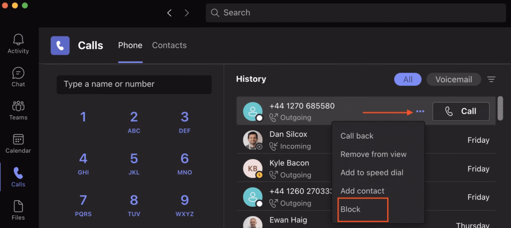 How to block a call in Microsoft Teams
