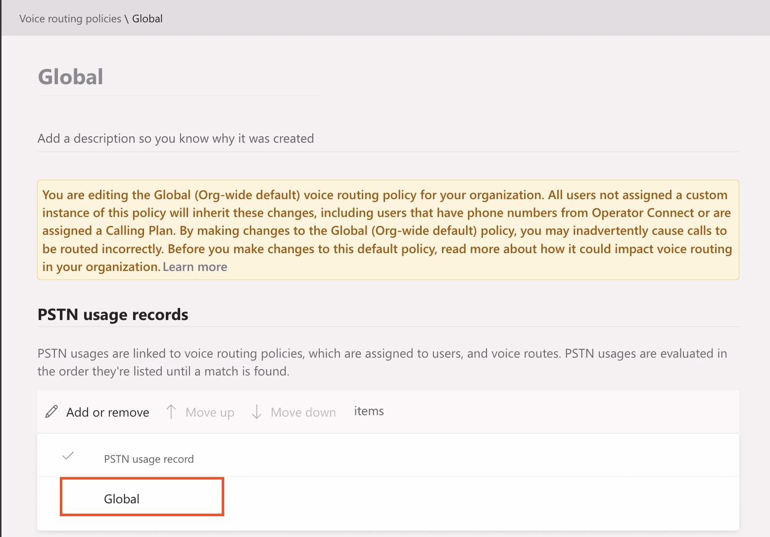 Screenshot showing voice routing policies and its Global settings.