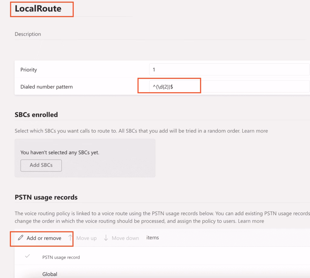 Add dialed number pattern to LocalRoute Add dialed number pattern to LocalRoute