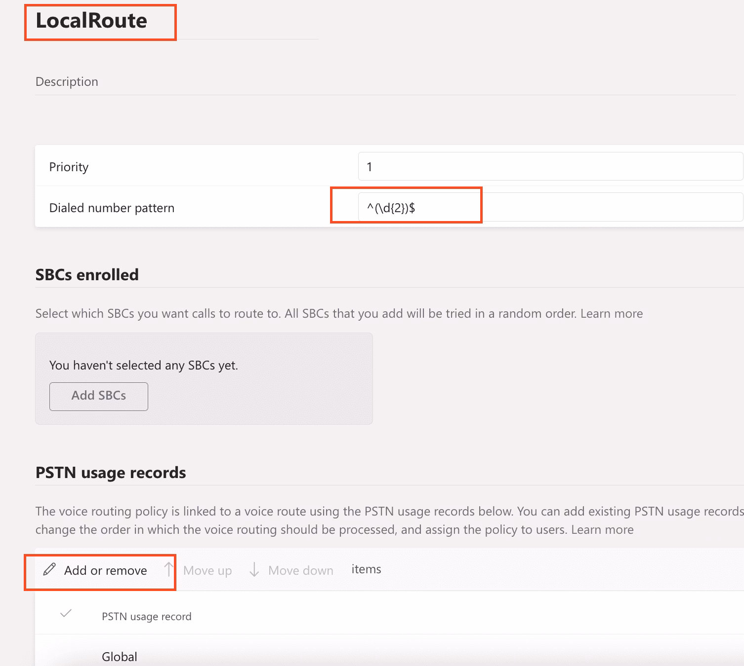 Screenshot showing a LocalRoute highlighting the 'add or remove' button and the dialed number pattern.