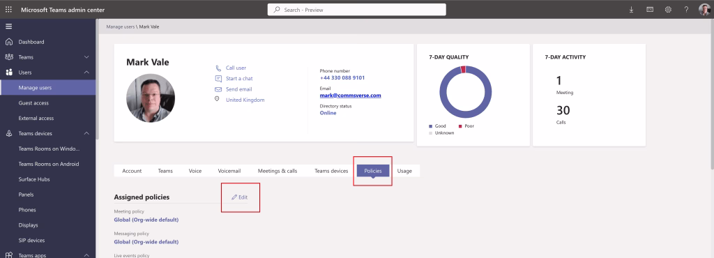Managing users and policies in the Microsoft Teams admin center