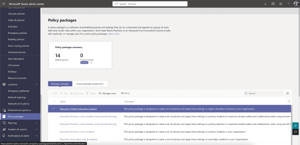 Policy Packages for Microsoft Teams