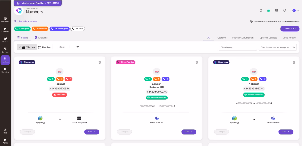 Automated number management interface in tile view with three results.