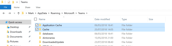 deleting the Application Cache and Cache folder and logging back into Teams 