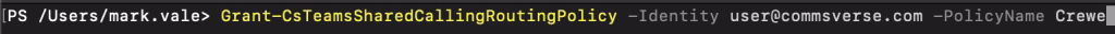 Teams Powershell assigning a shared calling routing policy to your users.
