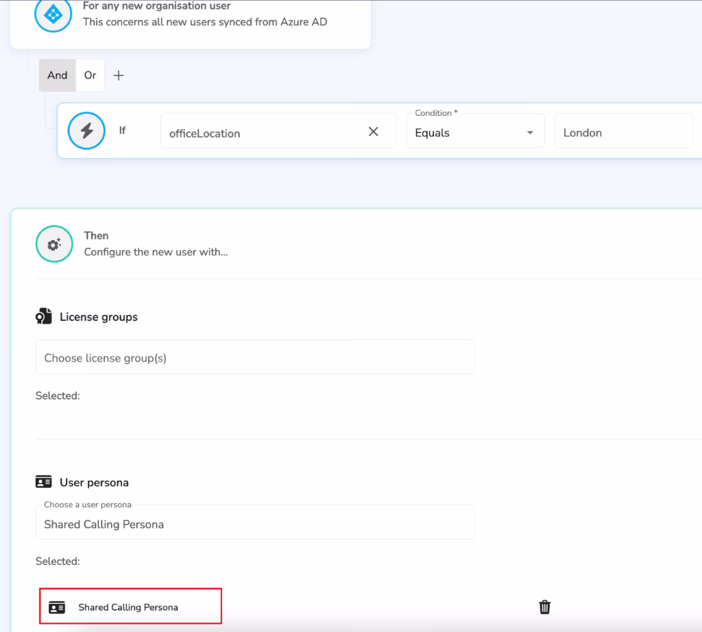 Create your user persona that contains the Shared Calling policy you want to assign, then create an automation to apply this persona to users who match a given criteria. Create your user persona that contains the Shared Calling policy you want to assign, then create an automation to apply this persona to users who match a given criteria.