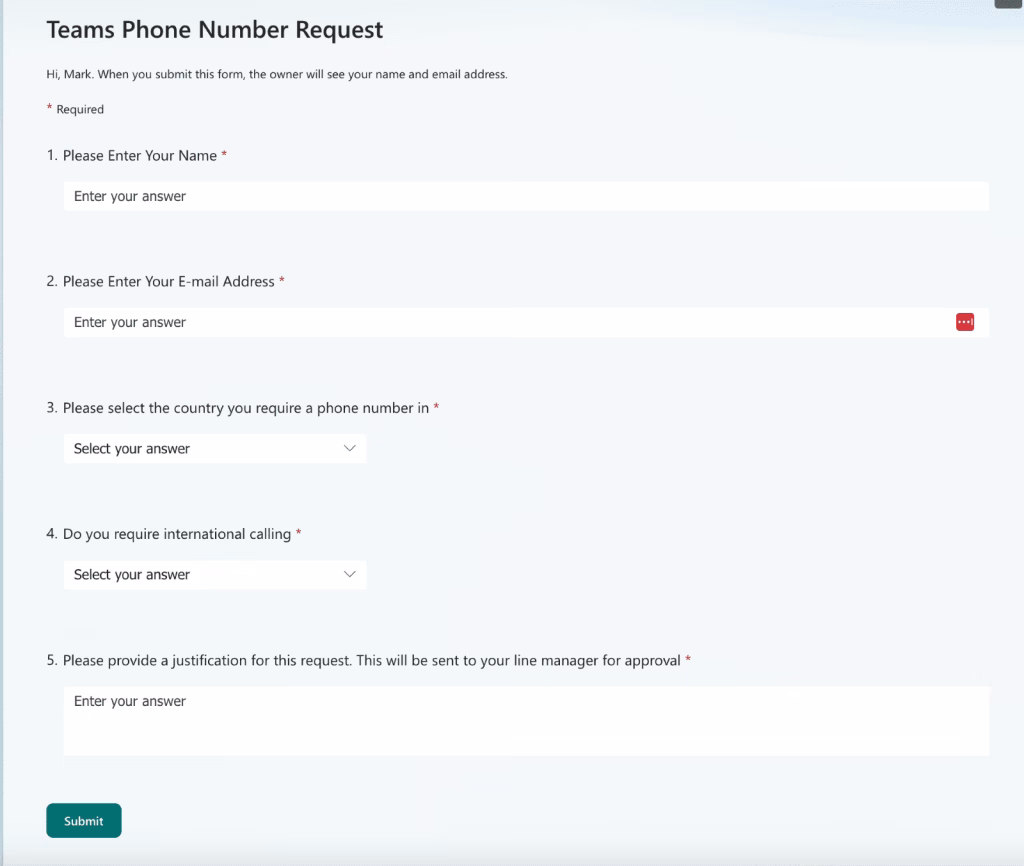 Submitting a Microsoft Teams phone number request Submitting a Microsoft Teams phone number request