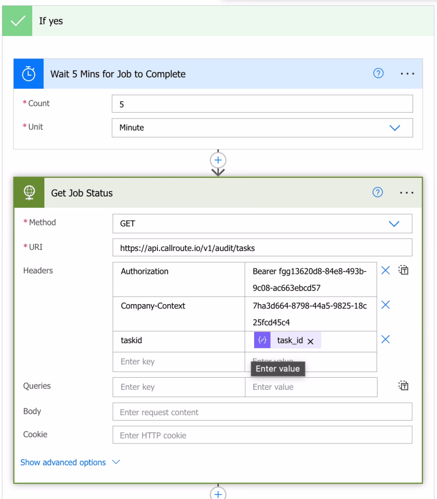 Add a schedule action and delay by five minutes before then adding another HTTP action to ping the audit endpoint.