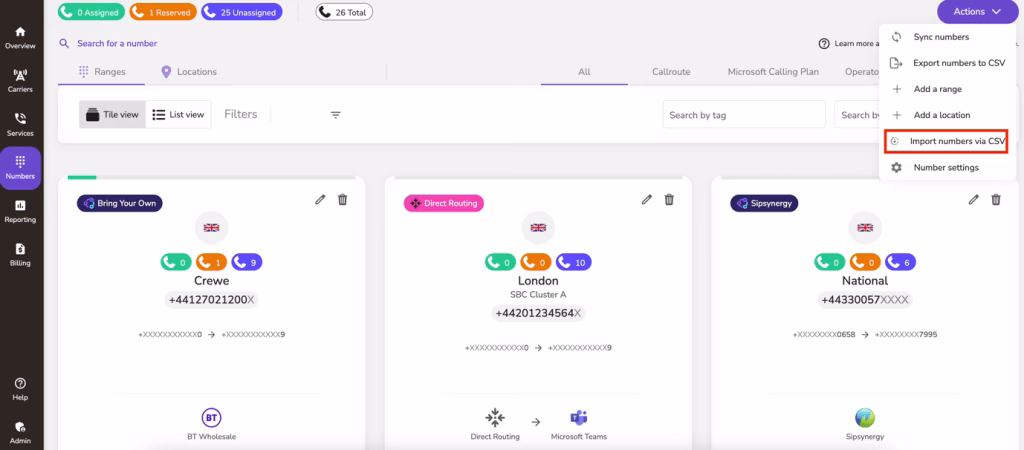 Number management with a highlighted menu option for importing numbers from a csv file.