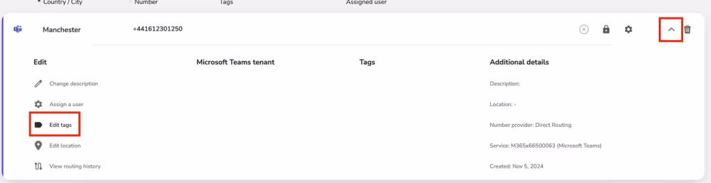 Screenshot demonstrating how to Tag numbers with a highlighted link for editing tags.