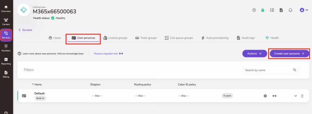 Services interface for managing and creating user personas.