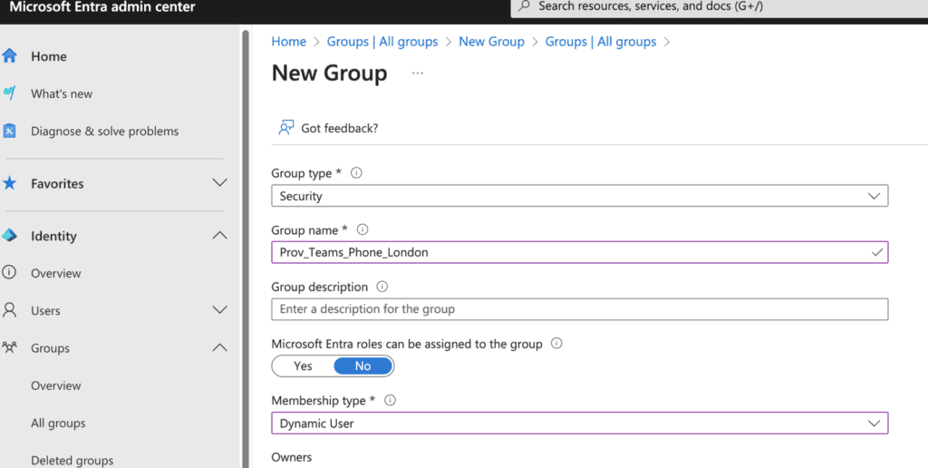 Adding a new group in the Microsoft Entra admin center Adding a new group in the Microsoft Entra admin center