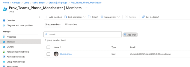 As Christie is located in Manchester, they will also be members of the Teams Phone Manchester group and Debra the Teams Phone London group.