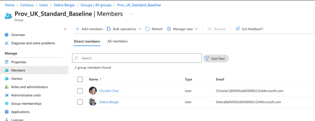 We can check they’ve been dynamically added to the Teams baseline group that will assign the base licenses for Microsoft 365 and Teams.