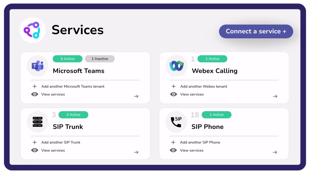 Active callroute services with a button to connect a service.