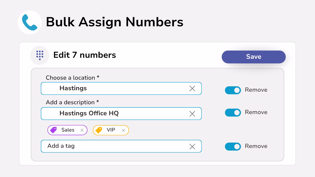 Diagram showing the bulk assignment of numbers to a location with a description and tag.