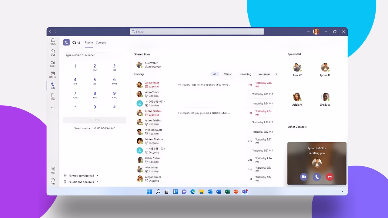 Screenshot showing Teams shared calling management with an active call.