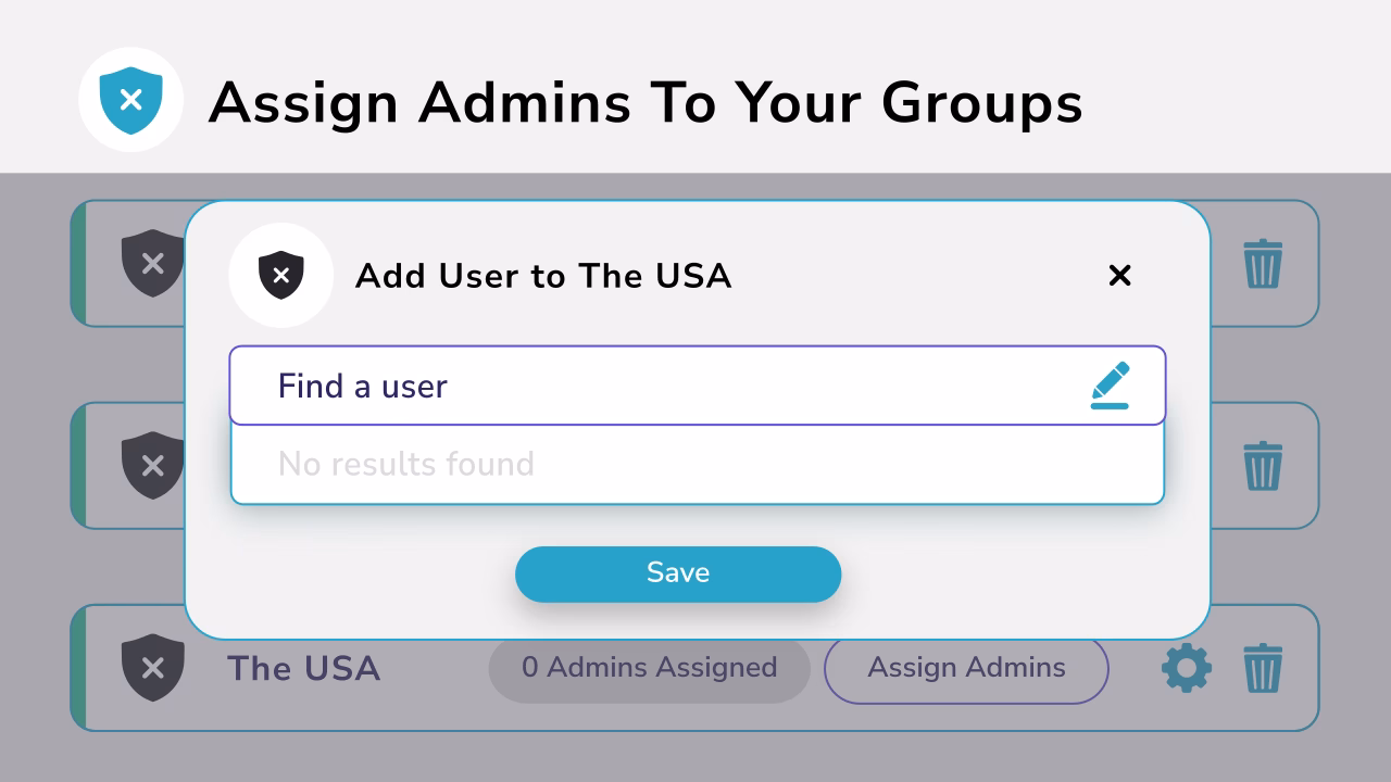 assign-admins-to-groups Diagram showing how to assign admins to security groups and save the changes.
