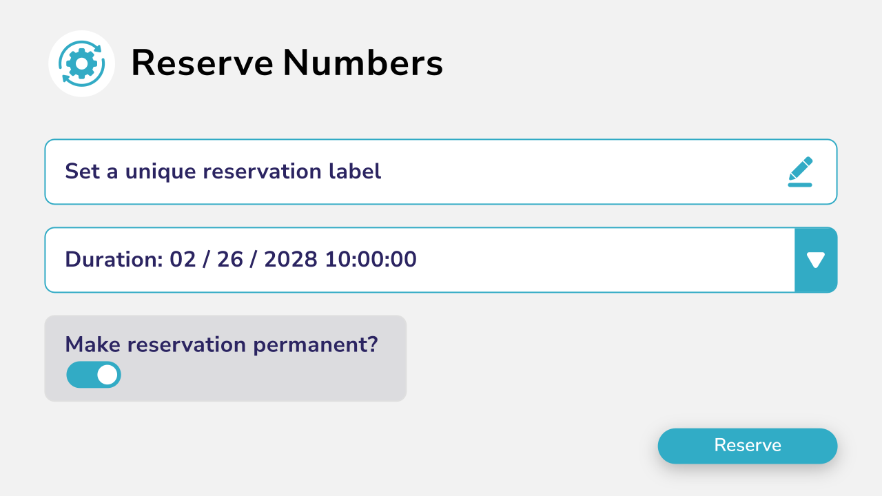 reserve-numbers Diagram showing number reservation with labels, dates and times.