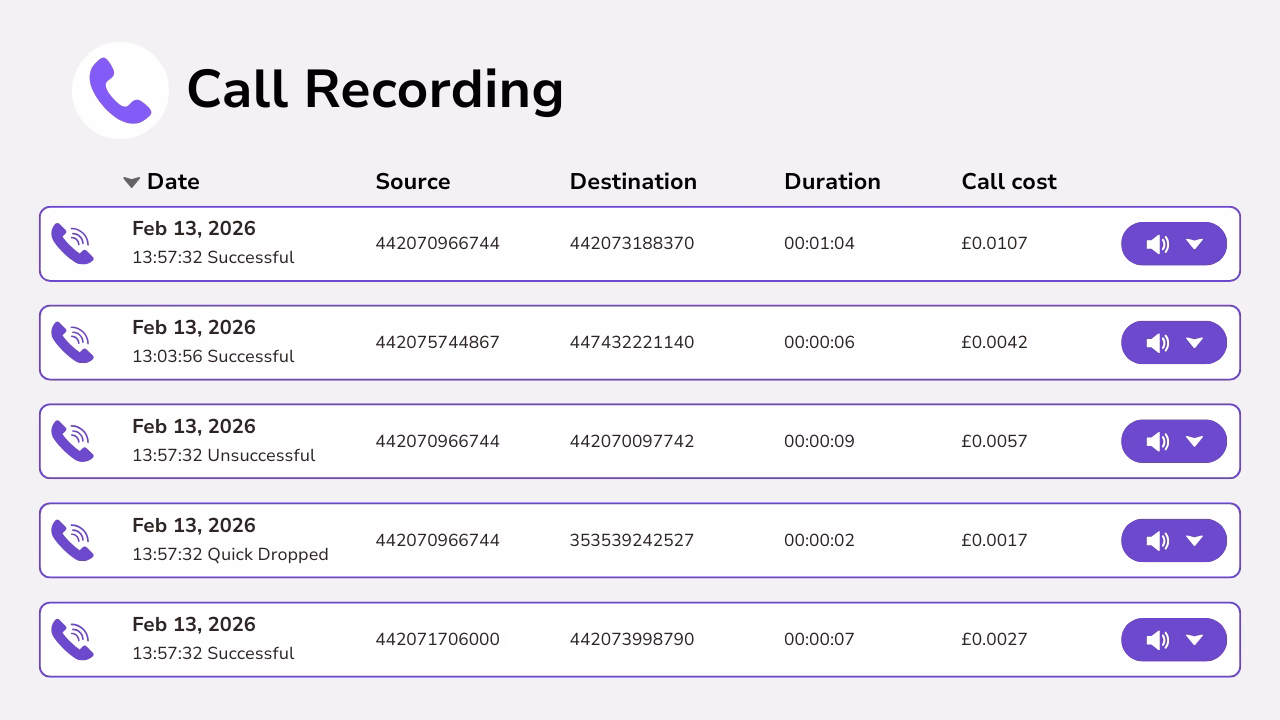 Diagram showing native call recording with dates. destinations and call costs.
