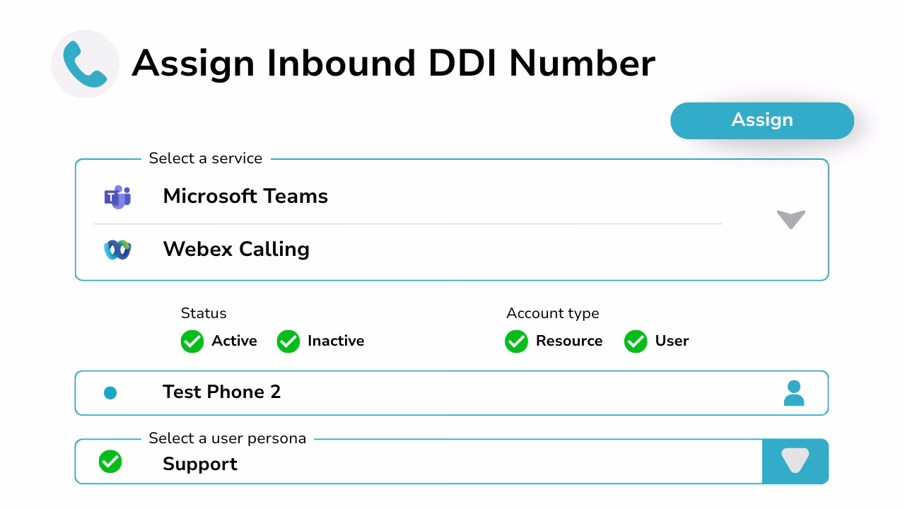 Diagram showing assigning inbound DDI numbers with Microsoft Teams and Webex Calling services.