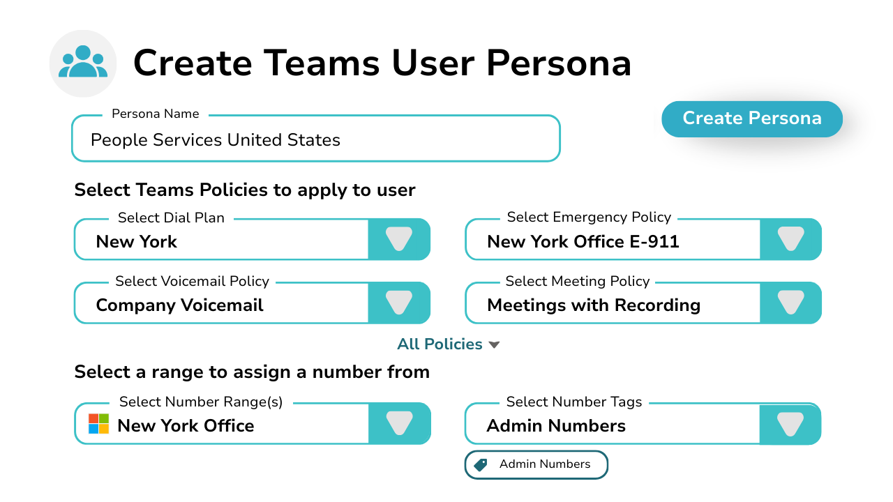 Manage Teams Users 3 – Manage User Personas Diagram showing tools for managing Teams user personas.