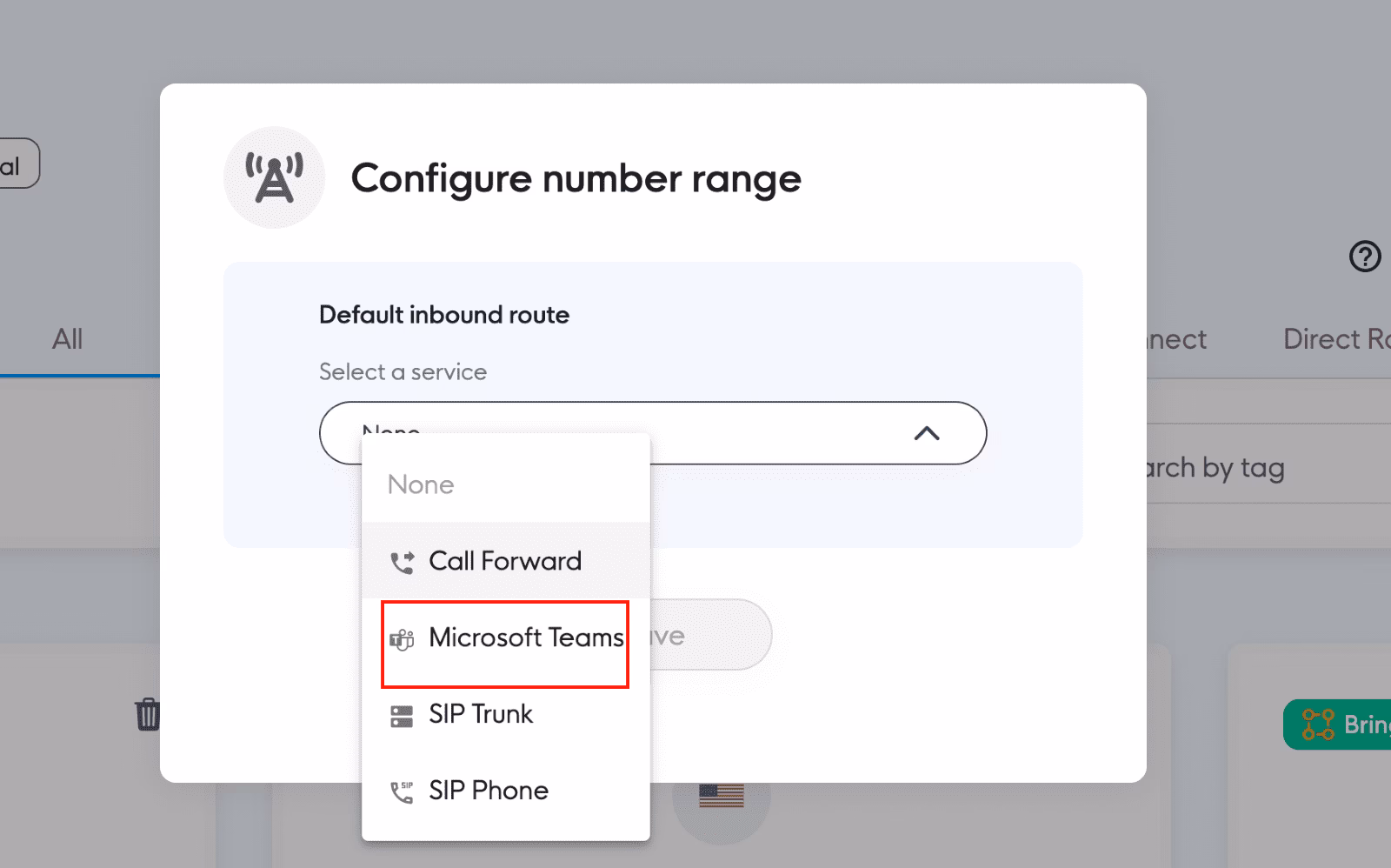 Microsoft Teams option in number range configuration area Microsoft Teams option in number range configuration area