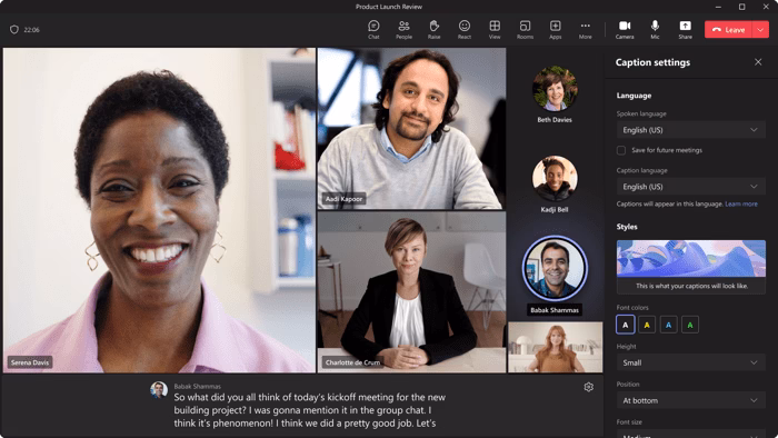 video-call-meeting-ai-and-reporting Live captions translations in microsoft Teams